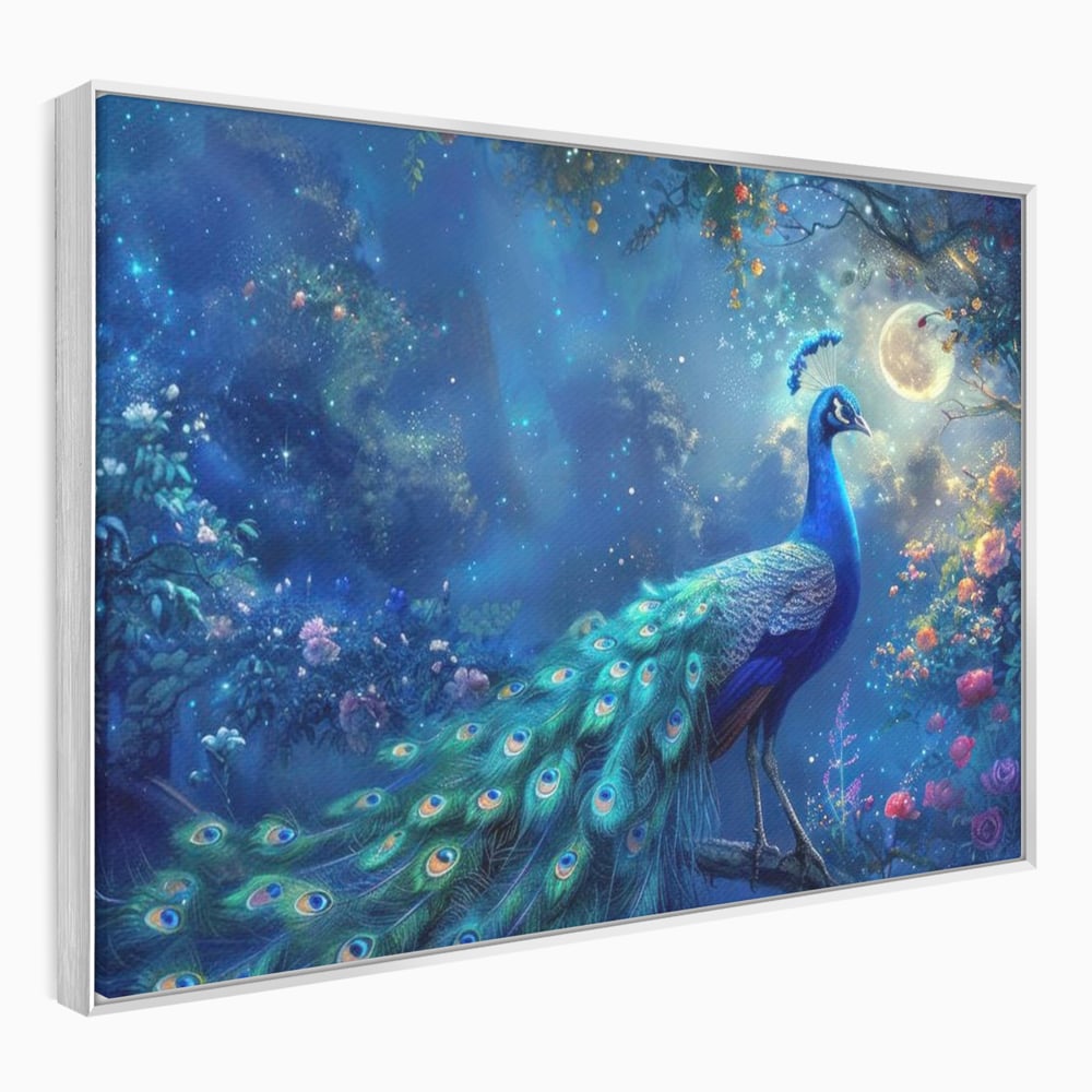 Tablou canvas cu tablou canvas cu paun albastru noaptea, in rama de aluminiu argintiu